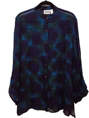 Chico's Design Sheer Rayon Shirt Shell Button Up Blouse Blue Green Size 2 /Large